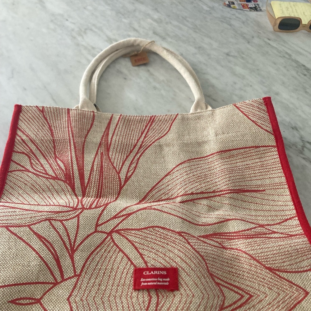 Clarins Floral Red and Cream Tote